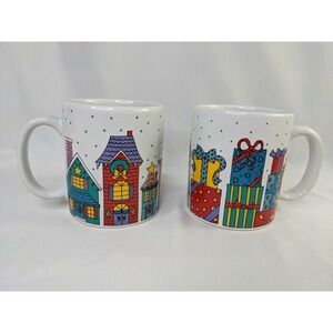 Russ Christmas Mugs Coffee Cups‎ Presents Houses Lot of 2